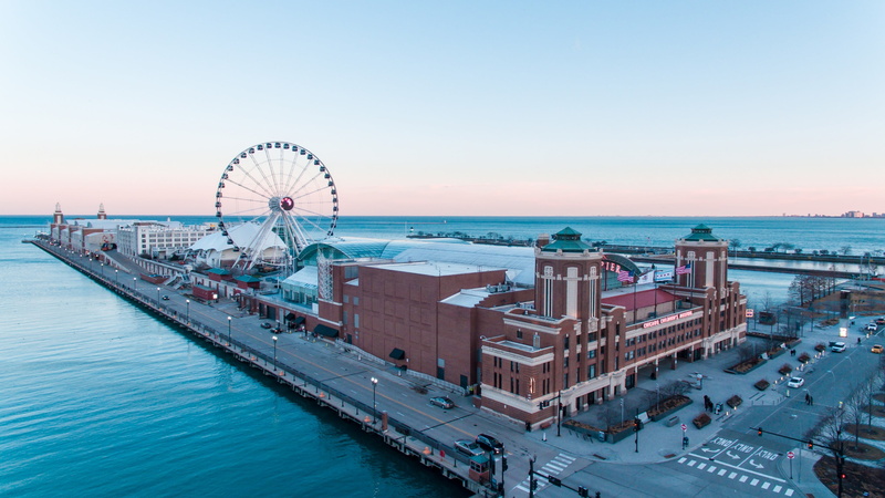 amusement park, transportation, amusement park ride, 4K, sea, navy pier, ferris wheel, nature, outdoors, sunset, horizon over water, united states, horizon