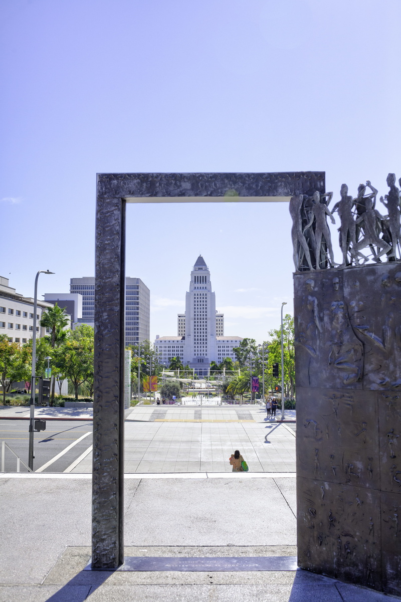 clear sky, incidental people, real people, outdoors, hdr, united states, tree, travel destinations, city, sky, city hall, modern, building exterior, dtla