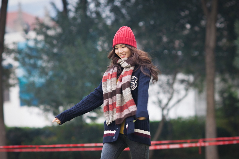 photography, hair, winter, cheerful, adults only, woman in red, scarf, only women, 4K, portrait, knit hat, outdoors, clothing, smiling, standing, selective focus