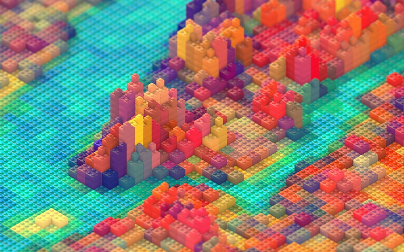 Lego, 720P, Manhattan, Cityscape, Colorful, USA, Blurred, bricks, digital art, New York City, J. R. Schmidt