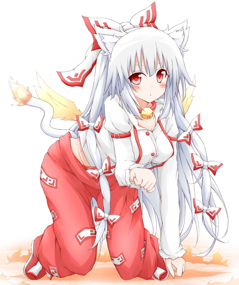 anime, cat ears, Touhou, animal ears, looking at viewer, red eyes, long hair, 720P, Fujiwara no Mokou, blonde, wings, anime girls