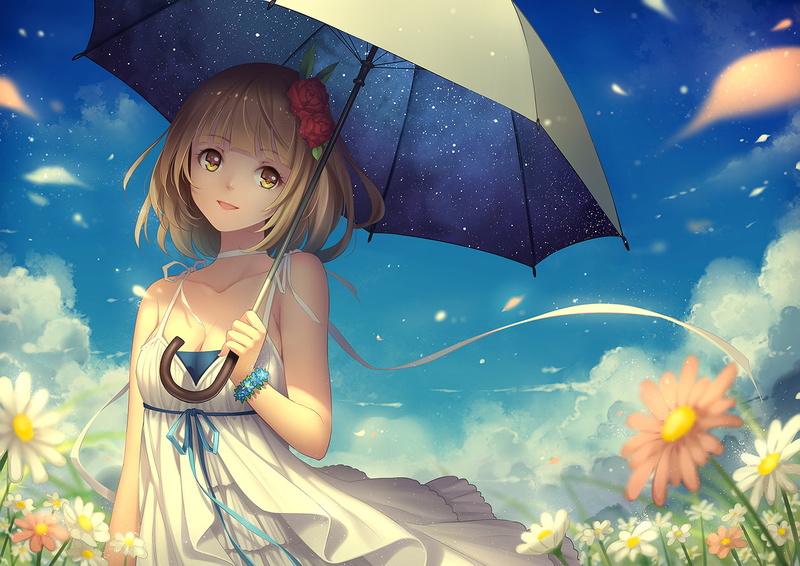 anime girls, umbrella, clouds, 720P, anime, original characters, flowers