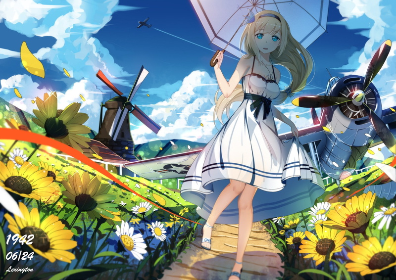 clouds, sunflowers, original characters, windmill, 1080P, umbrella, aircraft, dress