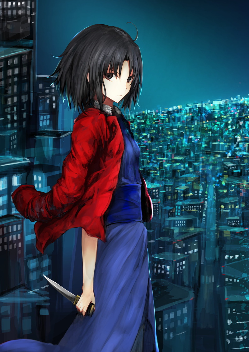 1080P, hairstyle, black hair, city, nature, cityscape, adult, architecture, black eyes, short hair, modern, one person, Ryougi Shiki, anime, building exterior