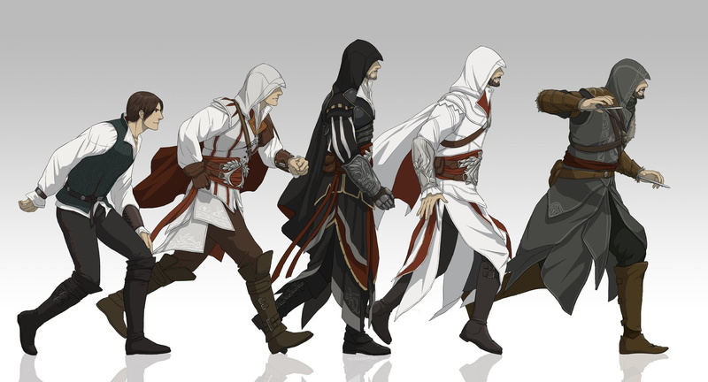 artist, studio shot, white background, people, shirt, costume, traditional clothing, weapon, young men, holding, Assassins Creed, full length, indoors
