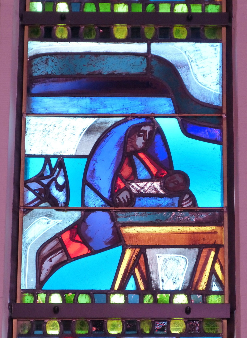 male likeness, stained glass, communication, multi colored, wall - building feature, graffiti, advent, father christmas, blue, nativity scene, representation