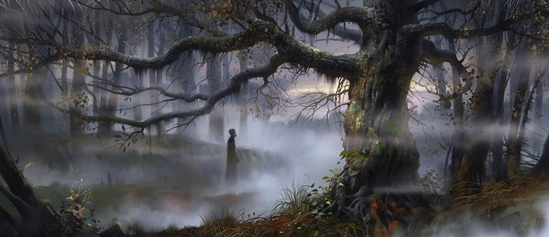 coated, 1080P, jungle, white, forest, tree, standing, person, fronting, fogs, fantasy, man, artwork