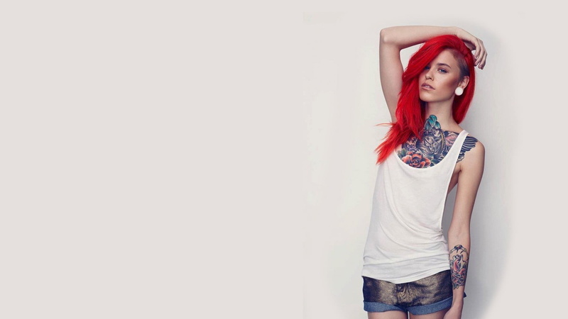 three quarter length, dyed red hair, contemplation, young women, hairstyle, tank, one person, white, indoors, standing, adult, portrait, red, copy space