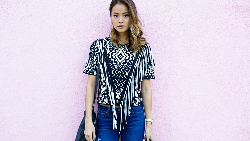 4K, white, fitted, fringe, short, jeans, photo, blue, black, Jamie Chung, shirt, woman, sleeved, wearing, 4k