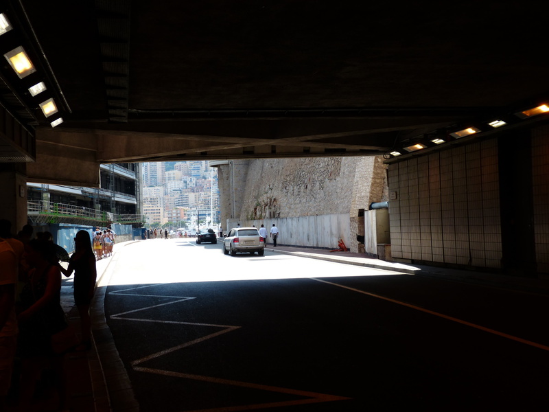 bridge, tunnel, grand prix of monaco, transportation, monte carlo, white, on the move, land vehicle, street, illuminated, motion, driving, city, architectural column