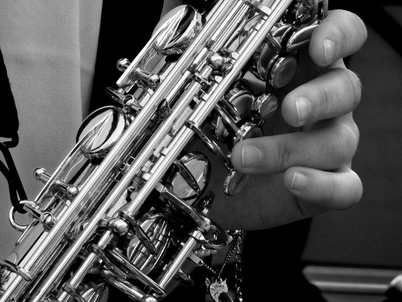 musical instrument, photography, performance, trumpet, gray, playing, black-and-white, midsection, jazz, musician, scale, real people, 4K, finger, human body part