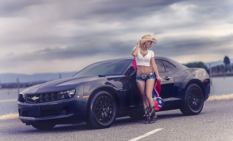 camaro, girl, 1080P, Chevy, shorts, Chevrolet, road, flag