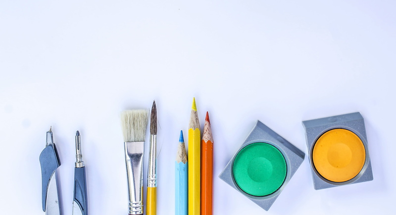 creativity, art and craft equipment, education, variation, white background, brush, materials, colors, pencil, group of objects, assorted, blue, indoors