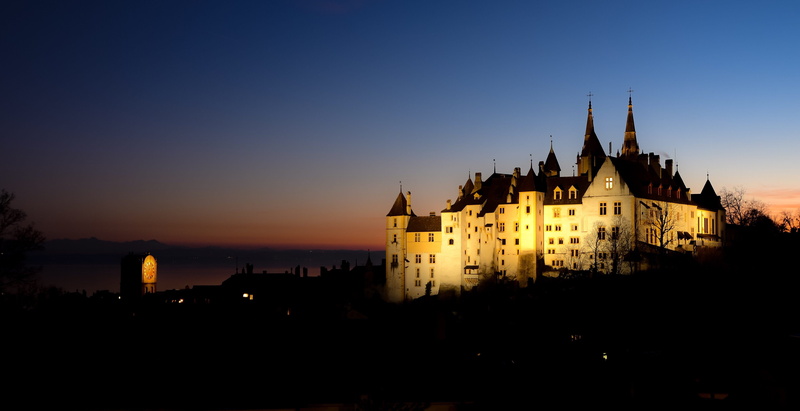illuminated, sunset, cityscape, architecture, collegiate, switzerland, landscape, history, tower, nature, clock, built structure, clear sky, spire, copy space