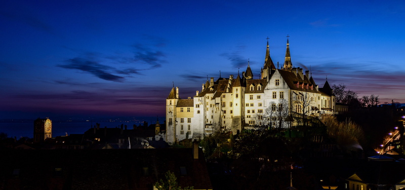 the town of neuchâtel, no people, winter, city, cloud - sky, history twilight, castle, blue, nature, built structure, building, the past, architecture
