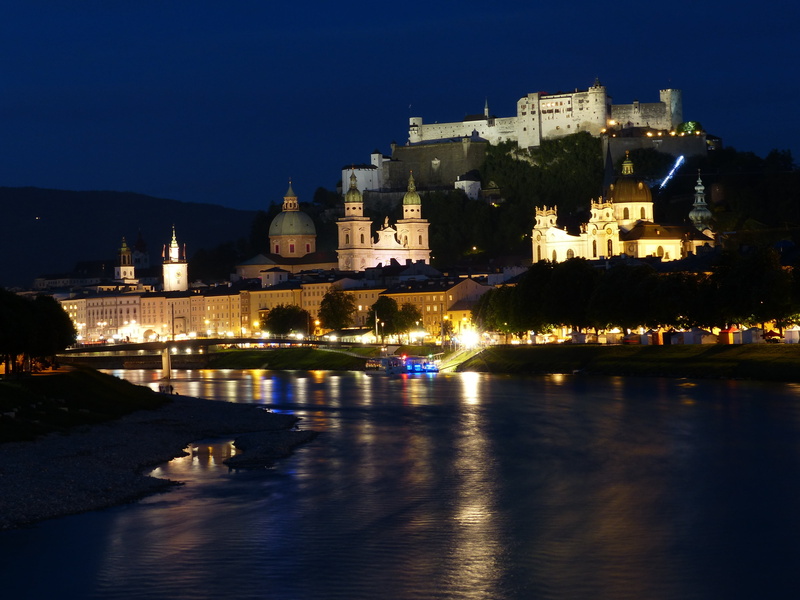 salzburg, night photograph, river, night, the past, clear sky, europe, castle, waterfront, salzach, tourism, architecture, no people, body, dusk, reflection