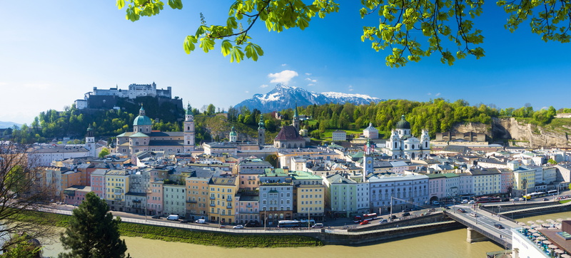 5K, panorama, Collegiate Church, river, the Salzach river, home, Salzach River, mount Festungsberg, Salzburg, branches of chestnut, Franciscan Church
