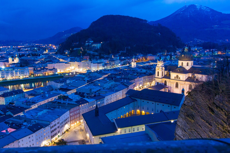 austria, town, building, mountain range, building exterior, old town, winter, night, snow, sky, mountain, no people, mönchberg, dusk, travel destinations