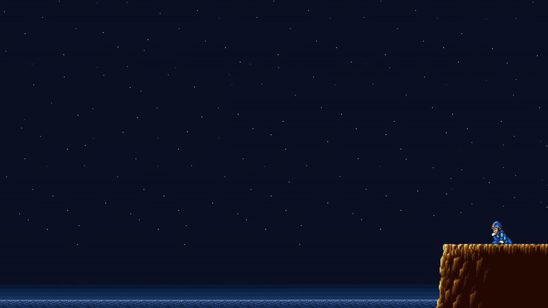 Mega Man, stars, tranquility, retro games, horizon, land, sky, tranquil scene, illustration, idyllic, copy space, beauty in nature, sea, night, scenics - nature