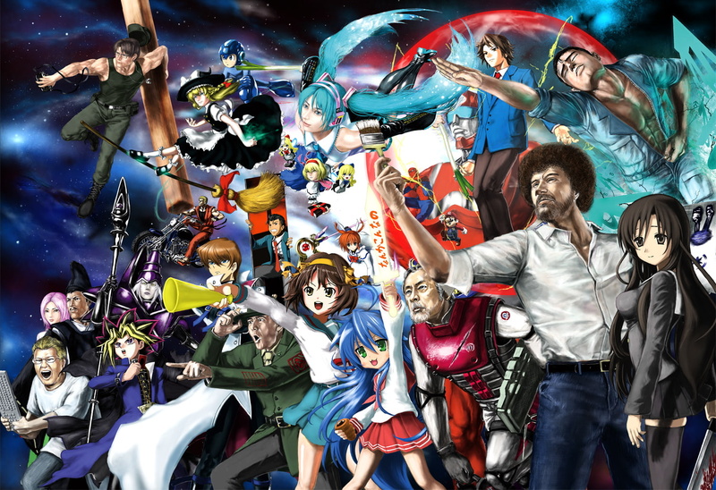 touhou, aqua, zeze, tie, ross, group, space, camera, glasses, bob, stars, yu gi oh, hair, seifuku, eyes, blue, vocaloid, crossover, capcom, hat, rockman