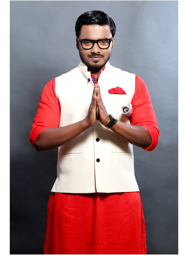 person, man, fine-looking, studio shot, pose, nehru, front view, formal, contemporary, red, young adult, indoors, facial expression, real people, 2K, beard