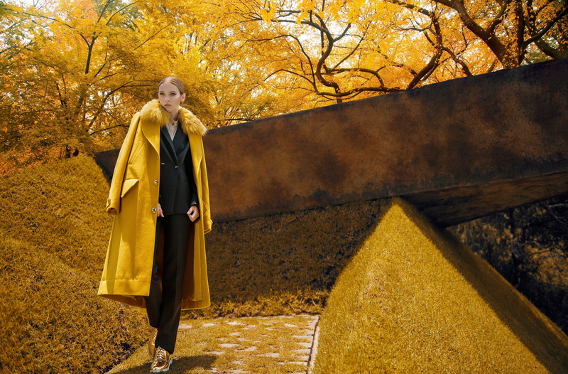 front view, Collection, Yellow, change, full length, females, real people, yellowtrees, 2K, young adult, Girls, style, Coat, Designer, formal, adult, plant