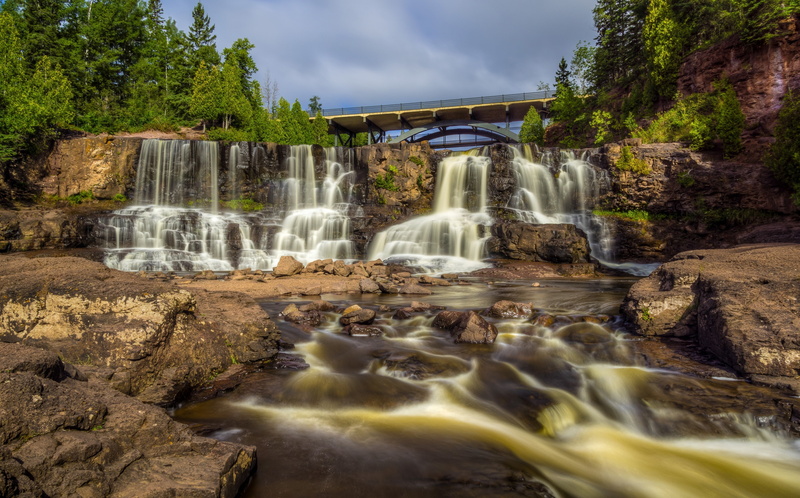 Mn, bridge, Gooseberry Falls, Minnesota, waterfall, 4K, Gooseberry Falls State Park, river, cascade