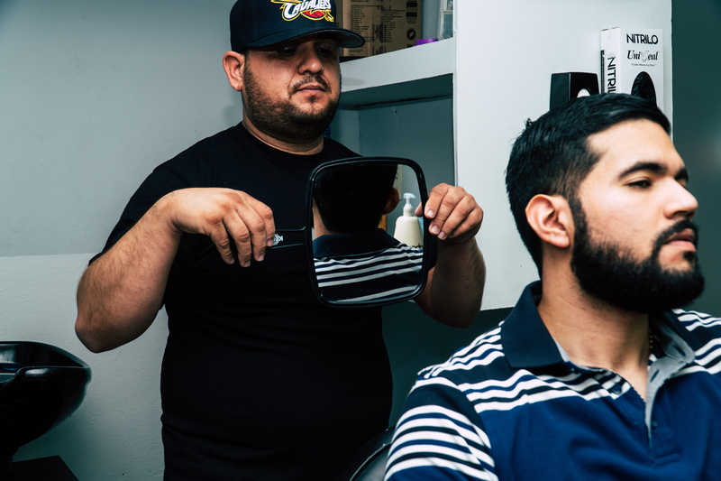 haircut, young adult, males, behind, portrait, indoors, men, people, hairdresser, adult, 5K, holding, hairstylist, two people, young men, hair, beard