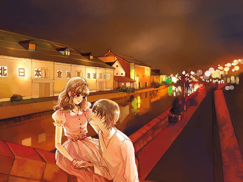 pretty, hair, long, dress, beautiful, boy, city, water, anime, couple, bokeh, girl, 720P, light, love