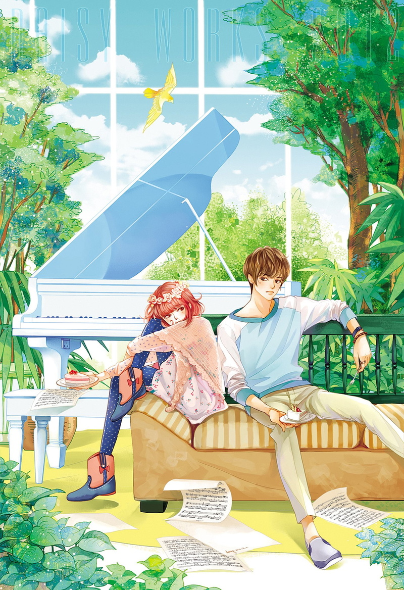 pretty, 1080P, piano, bird, flower, forest, girl, red, dress, notes, couple, students, animal, hair, pie, boy, tree, music