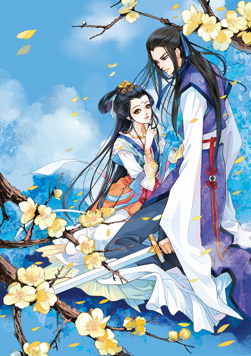 couple, boy, girl, sword, cute, flower, 1080P, yellow, pretty, kimono, long, hair, love