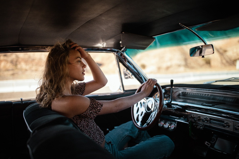 women, hands on head, blonde, women with cars, Jesse Herzog, looking away, pants, sitting, 1080P, jeans