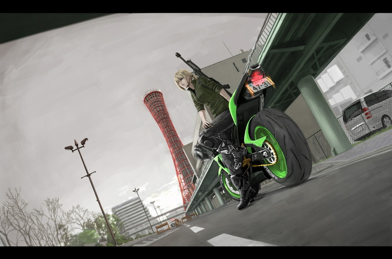 architecture, full length, weapon, day, building exterior, skill, men, built structure, outdoors, anime girls, risk, jumping, motion, mid-air, low angle view