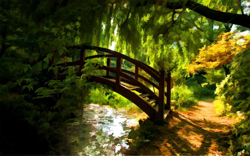 color, sunlight, watercolor, spring, trees, bridges, 1080P, garden, art, rivers, shade, paintings, stream, forest, world, season, nature, architecture