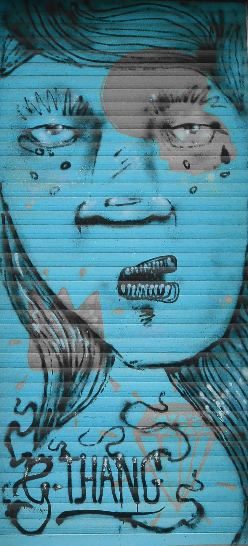 roller shutter, spray, text, directly above, art and craft, western script, woman, blue, creativity, Urban Art, indoors, Street Art, 2K, pattern, backgrounds
