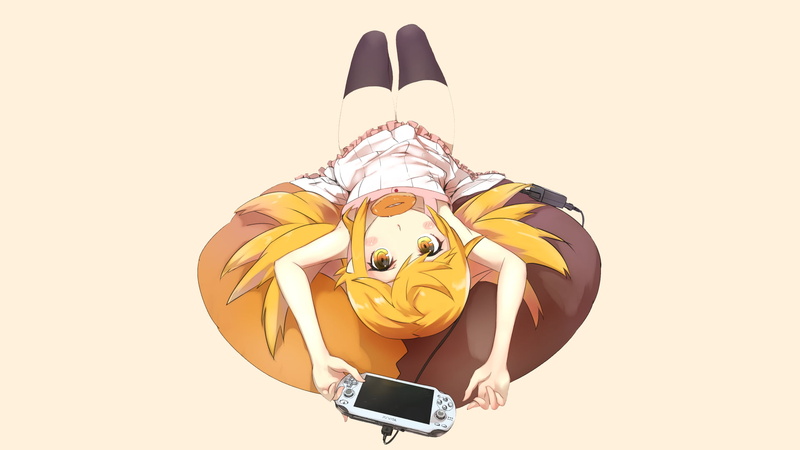 simple background, donuts, 1080P, Monogatari Series, looking at viewer, thigh-highs, Oshino Shinobu, PS Vita