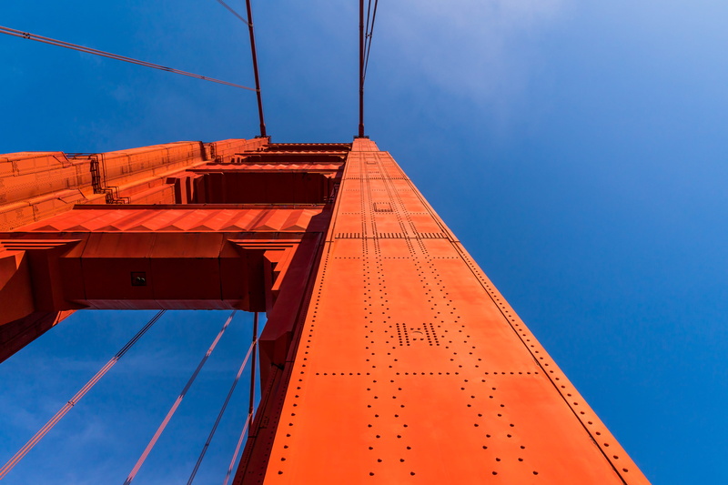 transportation, san francisco, built structure, architecture, suspension bridge, connection, sky, red, directly below, clear sky, city, cable, united states