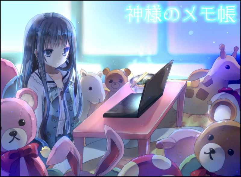 kamisama, choublack, gray, shionji, eyes, long, chou, bear, food, kosuzume, bow, 720P, memo, computer, pajamas, hair, yuuko, teddy