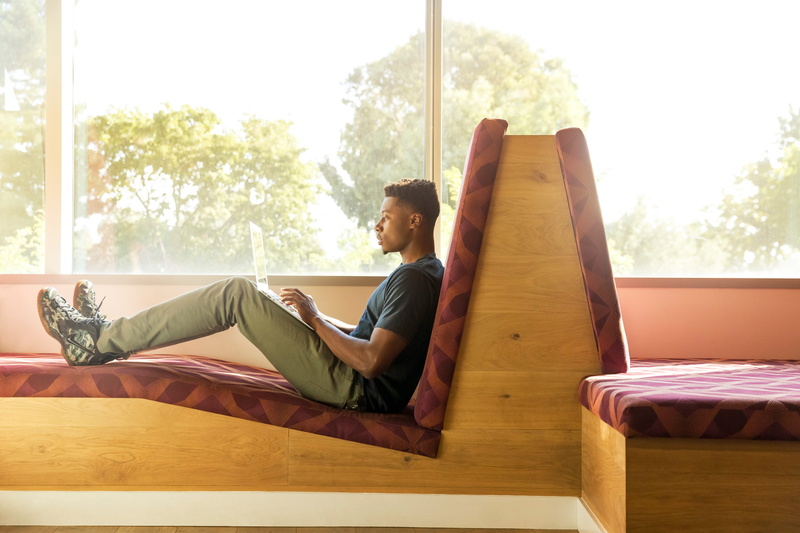 one person, sitting, professional, red, light, couch, looking, home interior, lying down, man, sales pro, connection, african american, working, 5K, furniture