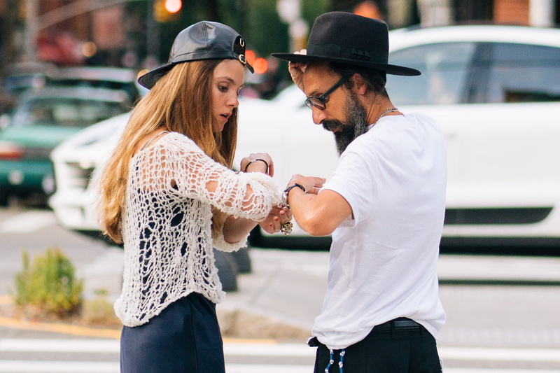 street, two people, men, hat, soho, facing, young adult, standing, hipster - person, city, new york, midtown, couple - relationship, female, daytime, watch