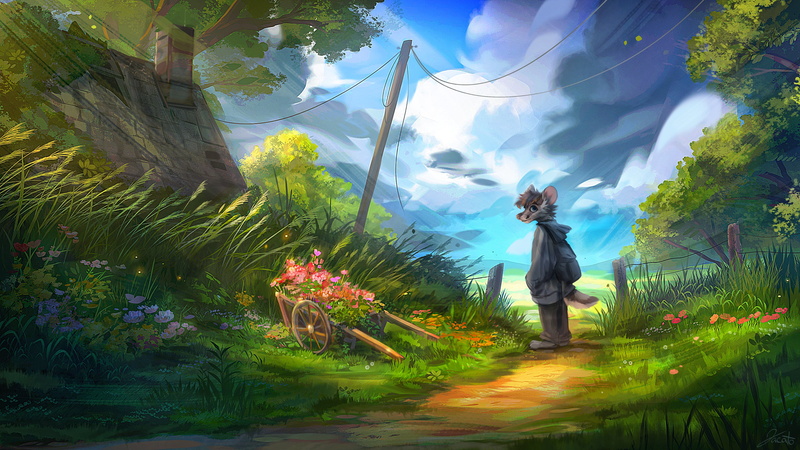 Anthro, Jacato, cottage, 4K, forest, chimneys, Wheelbarrows, backpacks