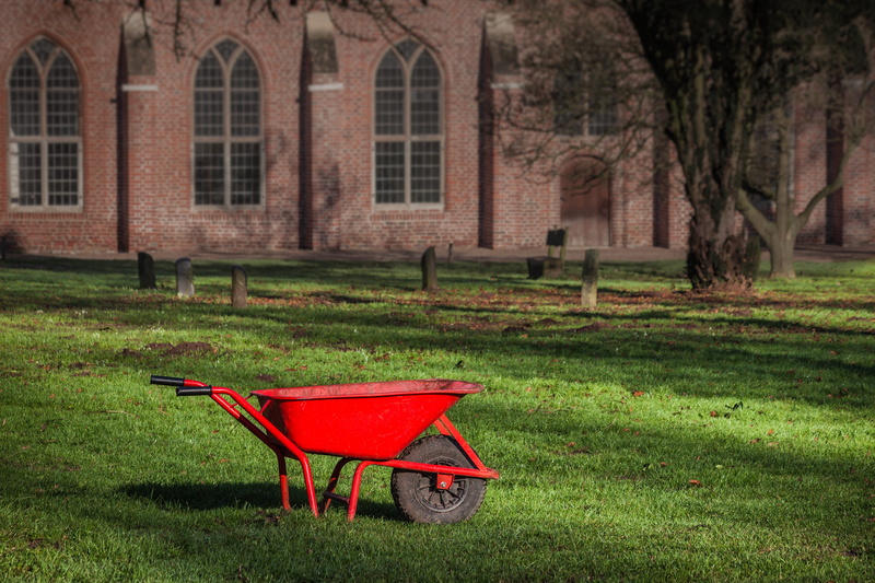 field, empty, red, green color, wheelbarrow, no people, lawn, built structure, gardening, front or back yard, garden, absence, architecture, building, plant