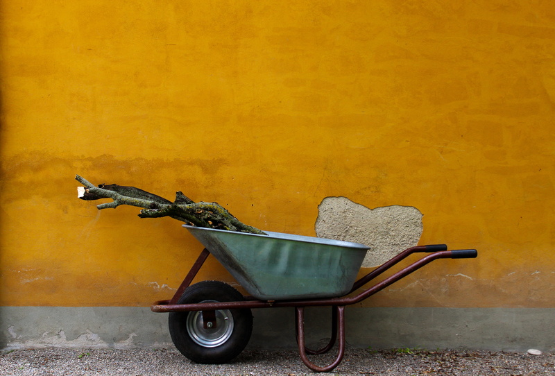 built structure, cart, building exterior, architecture, tools, nature, land vehicle, wheel, yellow, outdoors, wall, wheelbarrow, spring, gardening, garden tools