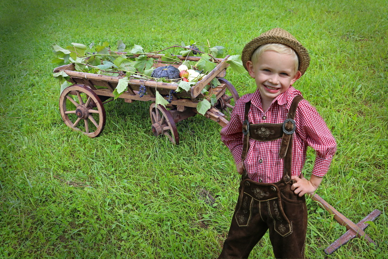 fruits, trachtenhut, people, standing, outdoors, plant, lifestyles, day, smiling, caucasian Ethnicity, leisure activity, grass, wheelbarrow, green Color