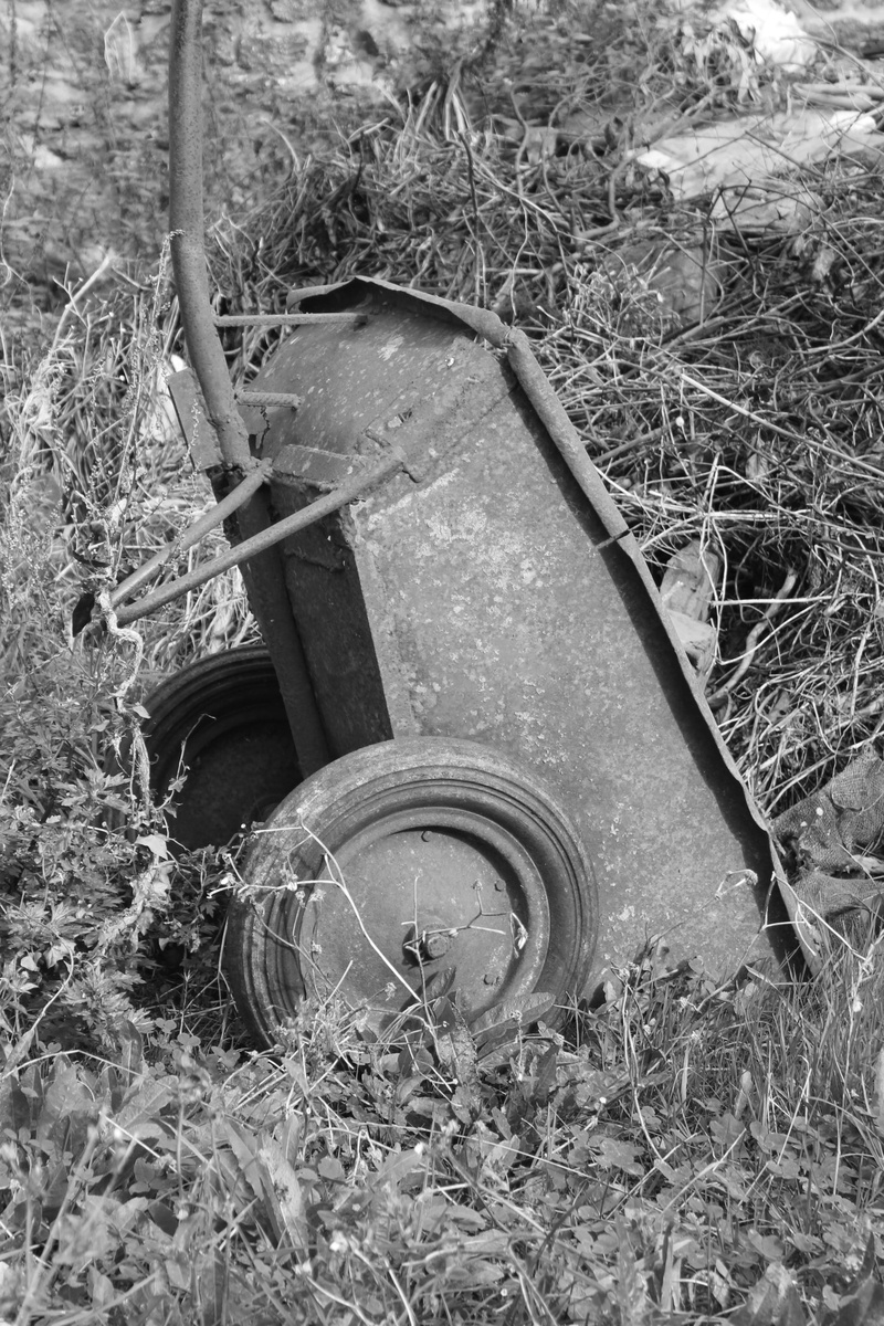 mode of transportation, nature, equipment, land, plant, work, gardening, grass, growth, deterioration, high angle view, field, watermill, wagon wheel, wheel