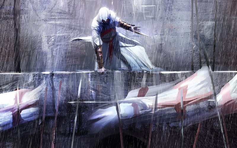 artwork, hidden, creed, games, fantasy, video, assassins, ibn, blade, art, templar, ahad, flags, 1080P, altair, game, rain