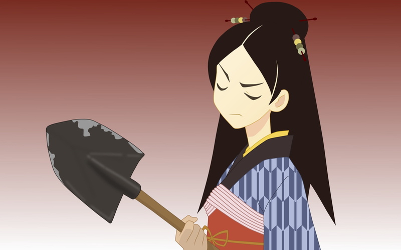 kimono, females, art and craft, shovel, business, black, haired, occupation, adult, studio shot, human representation, backgrounds, holding, character