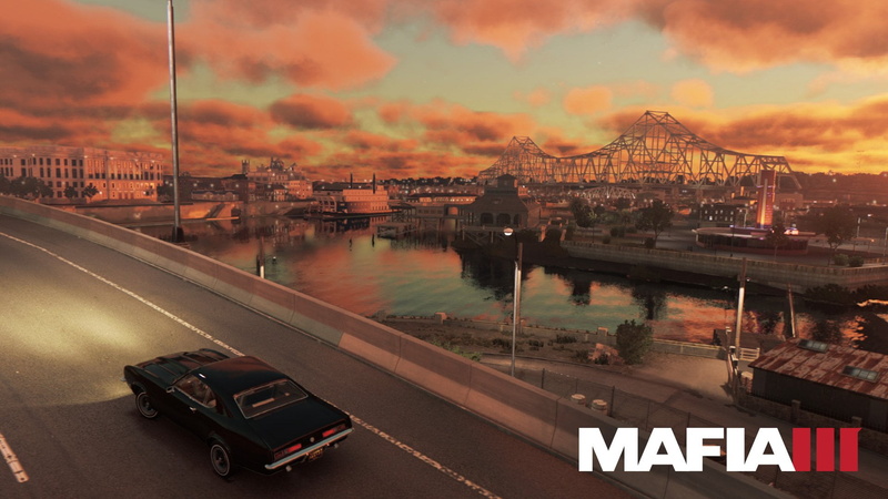 1080P, outdoors, bridge, water, no people, Mafia, mode of transportation, sunset, land vehicle, city, road, Video Game, nature, car, building exterior