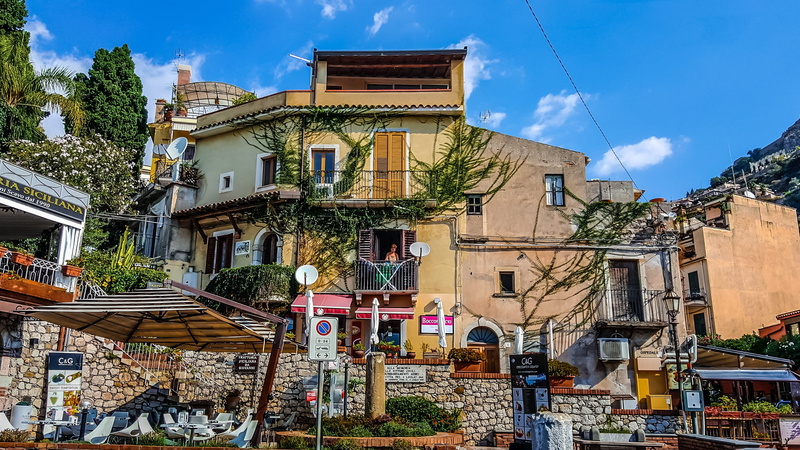 italy, building exterior, Taormina, travel, tree, street, scenic, Sicily, residential building, residential district, tourism, nature, window, day, cafe
