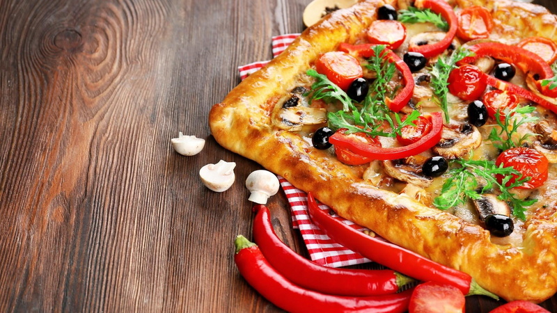chili pepper, food and drink, pizza, red, close-up, healthy eating, dish, mushroom, high angle view, temptation, vegetable, pepper, food, 1080P, directly above